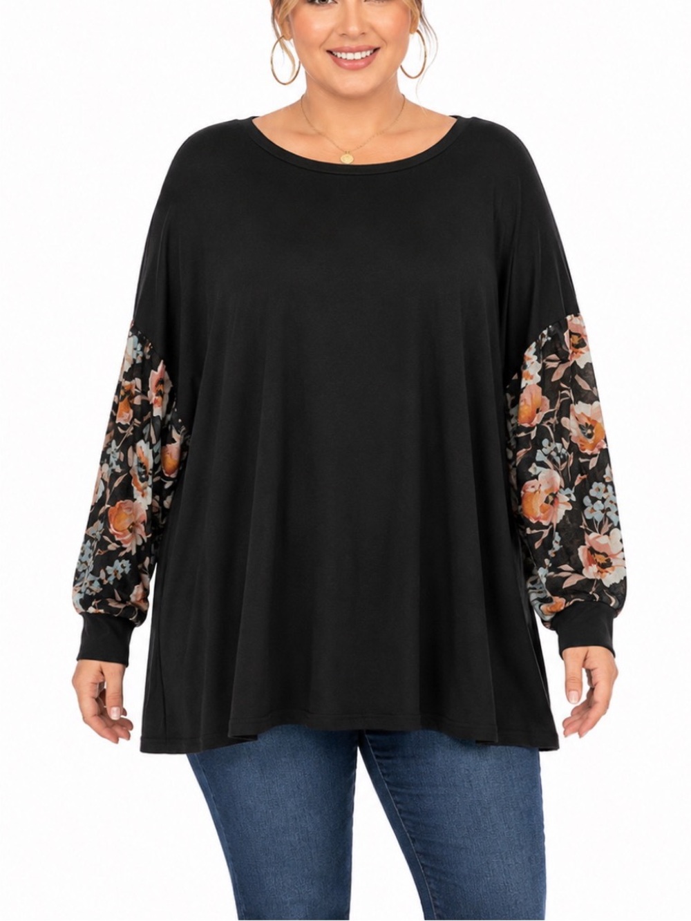 Grace & Emma black long-sleeved top with sheer floral sleeves